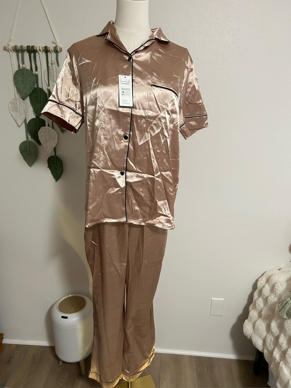 Cupshe Satin Pajama Set in Blush Taupe with Black Piping